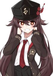 Rule 34 | 1girl, alternate costume, black hat, black jacket, black skirt, blush, brown hair, collared shirt, commentary request, day mello, flower, genshin impact, grin, hands in hair, hat, hat flower, highres, hu tao (genshin impact), jacket, long hair, long sleeves, looking at viewer, necktie, open clothes, open jacket, pleated skirt, red eyes, red flower, red necktie, school uniform, shirt, skirt, smile, solo, symbol-shaped pupils, twintails, very long hair, white background, white shirt, wing collar