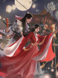 Rule 34 | 1boy, 1girl, absurdres, aerial fireworks, artist request, black hair, building, character request, dango, disembodied hand, dress, facial mark, fireworks, food, forehead mark, hair ornament, hair rings, highres, huo linger (wanmei shijie), lantern, long hair, long sleeves, moon, night, parted lips, pointing, red dress, second-party source, teeth, wagashi, wanmei shijie