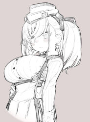 Rule 34 | 1girl, atlanta (kancolle), breasts, cowboy shot, dress shirt, earrings, garrison cap, hat, high-waist skirt, highres, jewelry, kantai collection, large breasts, lineart, long hair, long sleeves, looking at viewer, monochrome, salamander (hop-step), shirt, skirt, solo, standing, star (symbol), star earrings, suspender skirt, suspenders, two side up
