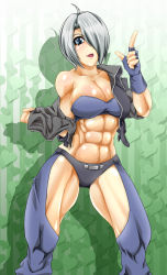 Rule 34 | 1girl, abs, ahoge, alop-net, angel (kof), blue eyes, breasts, chaps, fingerless gloves, gloves, grey hair, hair over one eye, highres, large breasts, looking at viewer, macto, muscular, open mouth, short hair, snk, solo, the king of fighters, undressing