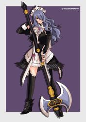 Rule 34 | 1girl, absurdres, alternate costume, apron, axe, battle axe, black thighhighs, boots, camilla (fire emblem), cosplay, enmaided, female focus, fire emblem, fire emblem fates, full body, hair over one eye, highres, holding, holding axe, holding weapon, leather, leather boots, maid, maid apron, maid headdress, nintendo, purple eyes, purple hair, self-upload, smile, solo, thighhighs, twitter username, victoria mikoto, weapon