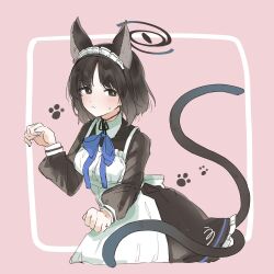 Rule 34 | 1girl, alternate costume, animal ears, apron, black choker, black dress, black eyes, black hair, blue archive, blue nails, blush, cat ears, cat girl, cat tail, choker, closed mouth, dress, enmaided, halo, highres, kikyou (blue archive), long sleeves, looking at viewer, maid, maid headdress, multiple tails, nail polish, paw pose, paw print, pink background, ribbon choker, short hair, simple background, solo, sweat, tail, two tails, unot 227, white apron