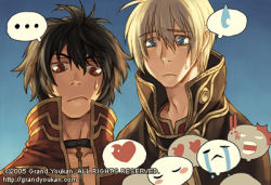 Rule 34 | ..., 2boys, blonde hair, blue background, blue eyes, blush stickers, brown capelet, brown eyes, brown hair, cape, capelet, closed mouth, coat, commentary, cross, cross necklace, emoticon, english commentary, grandyoukan, hair between eyes, heart, heart-shaped eyes, heart-shaped pupils, jewelry, looking down, lowres, male focus, multiple boys, necklace, open clothes, open coat, priest (ragnarok online), ragnarok online, red coat, red shirt, shirt, short hair, simple background, sweatdrop, symbol-shaped pupils, t t, upper body, watermark, web address, white cape, wizard (ragnarok online)