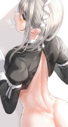 Rule 34 | 1girl, arched back, ass, back, black jacket, blush, bottomless, breasts, breath, commentary request, cropped jacket, earrings, gloves, green eyes, headdress, heavy breathing, highres, jacket, jewelry, kfr, long hair, long sleeves, looking at viewer, looking back, maid, maid headdress, mole, mole under eye, open mouth, original, sidelocks, silver hair, solo, sweat, upper body, white background, white gloves