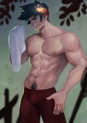 Rule 34 | 1boy, abs, absurdres, bara, black hair, choroskiart, closed mouth, green eyes, hades (series), hades 1, highres, holding, holding towel, large pectorals, laurel crown, looking at viewer, male focus, muscular, muscular male, navel, nipples, pants, pectorals, red pants, short hair, smile, solo, sweat, topless male, towel, zagreus (hades)