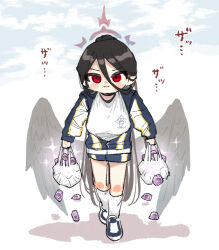 Rule 34 | 1girl, bag, black hair, black wings, blue archive, breasts, closed mouth, cloud, feathered wings, full body, halo, hasumi (blue archive), hasumi (track) (blue archive), holding, jacket, large breasts, long hair, long sleeves, low wings, plastic bag, plue ral, ponytail, red eyes, shirt, shoes, shorts, sky, socks, solo, sparkle, walking, white shirt, white socks, wings