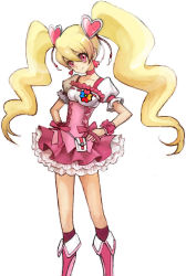 Rule 34 | 00s, 1girl, blonde hair, boots, bow, choker, cure peach, earrings, fresh precure!, hair ornament, heart, heart hair ornament, jewelry, knee boots, magical girl, michi ta (masquerade), momozono love, pink bow, pink eyes, pink footwear, precure, solo, twintails