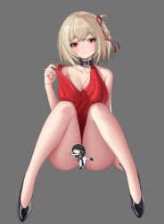 Rule 34 | 1girl, absurdres, akipopopopoon, bare legs, bare shoulders, black collar, blonde hair, breasts, censored, character censor, cleavage, closed mouth, clothes pull, collar, collarbone, dress, dress pull, full body, grey background, hair ribbon, high heels, highres, inoue takina, large breasts, looking at viewer, lycoris recoil, meme, nishikigi chisato, novelty censor, one side up, pulled by self, red dress, red eyes, red ribbon, ribbon, sakana~ (meme), short hair, simple background, sitting, smile, solo, thighs