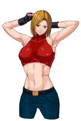 Rule 34 | 1girl, 78 (tky8), abs, adjusting hair, armpits, arms up, belt, black gloves, blonde hair, blue eyes, blue mary, breasts, cleavage, collarbone, covered erect nipples, denim, fatal fury, fingerless gloves, gloves, jeans, large breasts, looking at viewer, muscular, muscular female, nipples, pants, short hair, simple background, snk, solo, sports bra, stomach, the king of fighters, vest, white background