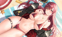 Rule 34 | 1girl, :q, abab xiaxia, bikini, black jacket, breasts, commentary request, earrings, heart, heart earrings, heart necklace, heterochromia, highres, hololive, houshou marine, houshou marine (summer), jacket, jewelry, large breasts, long hair, long sleeves, looking at viewer, lying, navel, necklace, on back, red bikini, red eyes, red hair, revision, smile, solo, swimsuit, tongue, tongue out, virtual youtuber, wet, yellow eyes