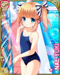 Rule 34 | 1girl, :o, blue eyes, blue one-piece swimsuit, bow, brown hair, character name, clothes pull, girlfriend (kari), long hair, official art, one-piece swimsuit, one-piece swimsuit pull, pool, qp:flapper, ribbon, school swimsuit, solo focus, standing, striped, striped bow, swimsuit, tagme, thighs, tile floor, tiles, twintails, water, yuuki nae