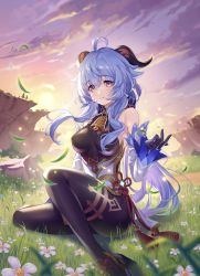 Rule 34 | absurdres, ahoge, bare shoulders, bell, black gloves, black legwear, blue hair, blush, bow, breasts, chinese knot, cloud, cloudy sky, detached sleeves, field, flower, flower field, flower knot, ganyu (genshin impact), genshin impact, gloves, gold trim, gradient sky, grass, highres, horns, knee up, ktm, landscape, leaf, long hair, looking at viewer, low ponytail, medium breasts, neck bell, outdoors, purple eyes, red rope, rope, sidelocks, sitting, sky, smile, solo, sun, sunset, tassel, thighlet, twilight, vision (genshin impact), white sleeves