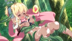 Rule 34 | 1girl, blonde hair, blush, bound, bound wrists, bra, bra lift, breasts, closed eyes, clothes lift, fion (sakura mmo), forest, game cg, inma, large breasts, nature, navel, nipples, non-web source, open mouth, plant, pussy juice, sakura mmo, scarf, tan, tree, underwear, vines