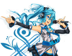 Rule 34 | 1girl, blue eyes, blue hair, detached sleeves, female focus, hatsune miku, headphones, long hair, matching hair/eyes, microphone, navel, necktie, open mouth, pondel, skirt, smile, solo, twintails, vocaloid, white background