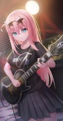 Rule 34 | 1girl, black shirt, blue eyes, bocchi the rock!, chisi, crossed bangs, electric guitar, eyewear on head, gibson les paul, gotoh hitori, grey skirt, guitar, hair between eyes, highres, holding, holding instrument, instrument, long hair, music, one side up, parted lips, pink hair, playing instrument, pleated skirt, shirt, short sleeves, sidelocks, skirt, solo, star-shaped eyewear, star (symbol)