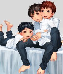 Rule 34 | 3boys, barefoot, blush, brown eyes, brown hair, eye contact, geetgeet, highres, hug, hug from behind, looking at another, male focus, multiple boys, open mouth, original, shirt, smile, white shirt, yaoi