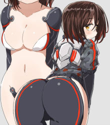 Rule 34 | 1girl, ass, bent over, breasts, brown eyes, brown hair, camouflage, commentary, commentary request, grey background, groin, hololive, large breasts, looking at viewer, looking back, mechanical arms, midriff, multiple views, naitou kouse, navel, pink background, roboco-san, roboco-san (1st costume), short hair, simple background, virtual youtuber