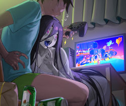 Rule 34 | 1boy, 1girl, absurdres, blue tongue, breasts, can, cleavage, closed mouth, colored tongue, controller, curtains, desk, fall guys, fangs, green male underwear, hair between eyes, hand up, highres, holding, holding controller, index finger raised, indoors, kneeling, large breasts, long hair, long hair between eyes, looking at another, looking at screen, looking back, male underwear, monitor, nia (nia4294), original, pink eyes, playing games, short hair, short sleeves, single bare shoulder, sweat, teeth, the ring, tongue, tongue out, underwear, upper teeth only, wavy mouth, yamamura sadako
