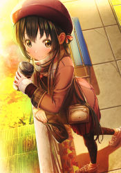 Rule 34 | 1girl, aiuabo, animal bag, autumn, bag, black legwear, blush, brown eyes, brown hair, cat bag, coffee, coffee cup, cup, disposable cup, hair between eyes, highres, jacket, jewelry, long hair, long sleeves, looking at viewer, nail polish, necklace, original, outdoors, pink nails, pleated skirt, scarf, shoes, shoulder bag, sidelocks, skirt, smile, solo, standing