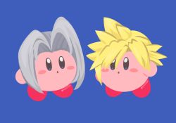 Rule 34 | :o, bad id, bad twitter id, blonde hair, blue background, blue eyes, blush stickers, cloud strife, cloud strife (cosplay), copy ability, cosplay, final fantasy, final fantasy vii, grey hair, hair between eyes, kirby, kirby (series), long hair, looking at another, nintendo, no humans, red footwear, rizu (rizunm), sephiroth, sephiroth (cosplay), shoes, short hair, simple background, spiked hair, standing, super smash bros., twitter username