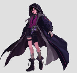 Rule 34 | 1boy, bandaged hand, bandaged leg, bandages, black choker, black coat, black footwear, black hair, boots, choker, coat, dimension walker (dungeon and fighter), dungeon and fighter, full body, geebee 79, hair between eyes, highres, looking to the side, male focus, male mage (dungeon and fighter), parted bangs, parted lips, purple shirt, red eyes, shirt, shorts, simple background, solo, standing, teeth, thigh strap, upper teeth only