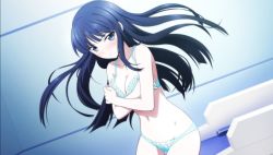 Rule 34 | 10s, 1girl, black hair, blue eyes, covering privates, covering breasts, gradient background, long hair, mahouka koukou no rettousei, panties, shiba miyuki, solo, striped, striped background, underwear
