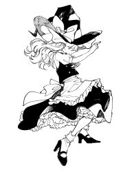 Rule 34 | 1girl, absurdres, apron, black footwear, black hat, black skirt, black vest, bow, commentary request, from side, full body, greyscale, hat, hat bow, highres, jojo no kimyou na bouken, jojo pose, kirisame marisa, kuujou joutarou, long hair, monochrome, natsume (menthol), pointing, shirt, short sleeves, simple background, skirt, solo, stardust crusaders, touhou, vest, waist apron, white background, white legwear, white shirt, witch hat