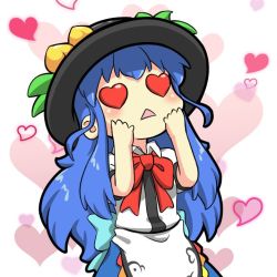 Rule 34 | 1girl, apron, aqua bow, aqua sash, black hat, blouse, blue bow, blue hair, blue sash, blue skirt, blush, bow, bowtie, chibi, collared shirt, commentary, dress shirt, english commentary, food, fruit, hands on own face, hands up, hat, heart, heart-shaped eyes, heart background, hinanawi tenshi, leaf, long hair, open mouth, peach, puffy short sleeves, puffy sleeves, rakkidei, red bow, red bowtie, sash, shirt, short sleeves, sidelocks, simple background, skirt, solo, symbol-only commentary, touhou, triangle mouth, upper body, white apron, white background, white shirt, wing collar