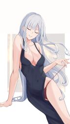 Rule 34 | 1girl, absurdres, ak-12 (girls&#039; frontline), black dress, breasts, closed eyes, cocktail dress, collarbone, covered navel, dress, facing viewer, feet out of frame, floating hair, girls&#039; frontline, highres, large breasts, long hair, panties, red panties, removing panties, simple background, smile, solo, underwear, white background, white hair, yotsuyama (yomo8ama)
