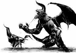 Rule 34 | 1990s (style), bat wings, battle, berserk, cape, demon, dragonslayer (sword), greyscale, guts (berserk), horns, monochrome, retro artstyle, simple background, sword, waganeya, weapon, wings, zodd (berserk)