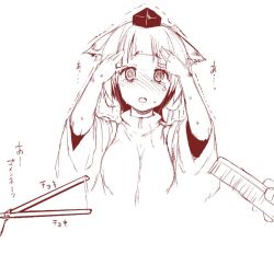 Rule 34 | 1girl, alternate hairstyle, animal ears, blush, comb, cutting hair, detached sleeves, female focus, hair brush, hat, holding, inubashiri momiji, karochii, monochrome, open mouth, scissors, simple background, sketch, solo, sweat, tears, tokin hat, touhou, translated, trembling, white background, wolf ears