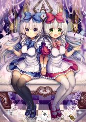 Rule 34 | 10s, 2girls, :d, airi (alice or alice), akabane (zebrasmise), alice or alice, apron, black legwear, blue bow, blue footwear, blue neckwear, blue shirt, blue skirt, blush, bow, bowtie, breasts, checkered floor, dress shirt, floating hair, frilled skirt, frills, from above, full body, green eyes, hair between eyes, hair bow, highres, holding hands, interlocked fingers, long hair, looking at viewer, mary janes, medium breasts, multiple girls, open mouth, purple eyes, red bow, red footwear, red neckwear, red shirt, red skirt, rise (alice or alice), shirt, shoes, siblings, silver hair, sisters, sitting, skirt, smile, sparkle, thighhighs, twins, very long hair, white apron, white legwear, wrist cuffs, zettai ryouiki