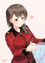 Rule 34 | 10s, 1girl, artist name, blush, braid, brown eyes, brown hair, closed mouth, comb, cutting hair, epaulettes, girls und panzer, hair over shoulder, hand in another&#039;s hair, heart, highres, holding, jacket, long hair, long sleeves, military, military uniform, out of frame, red jacket, rukuriri (girls und panzer), shirosaba47, signature, single braid, smile, standing, uniform, upper body