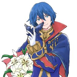 Rule 34 | 1girl, armor, blue eyes, blue hair, cape, cosplay, eliwood (fire emblem), eliwood (fire emblem) (cosplay), eliwood (valentine) (fire emblem), fire emblem, fire emblem: the blazing blade, fire emblem awakening, fire emblem heroes, flower, gloves, holding, holding weapon, looking at viewer, lucina (fire emblem), marth (fire emblem awakening), mask, nezumoto, nintendo, reverse trap, short hair, simple background, smile, solo, tiara, weapon