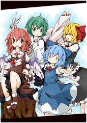 Rule 34 | 0 0, 4girls, animal ears, blonde hair, blue hair, cirno, comb, cutting hair, dress, dress shirt, green eyes, green hair, hairdressing, hat, holding, holding clothes, holding hat, multiple girls, mystia lorelei, o o, osa (ppitch), outstretched arms, pink hair, red eyes, rumia, scissors, shirt, sitting, smile, spread arms, team 9 (touhou), touhou, tree stump, unworn hat, unworn headwear, wings, wriggle nightbug