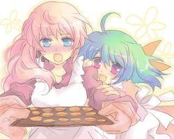 Rule 34 | 00s, 2girls, :d, :o, amano, apron, baking sheet, blonde hair, blue eyes, blush, breasts, cookie, cooking, dress, fang, food, green hair, large breasts, long hair, macross, macross frontier, multiple girls, open mouth, oven mitts, ranka lee, red eyes, sheryl nome, short hair, smile