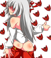 Rule 34 | 1girl, ass, bare shoulders, blush, bow, butt crack, clothes pull, from behind, fujiwara no mokou, full-face blush, hair bow, hair over eyes, highres, long hair, no panties, pants, pants pull, silver hair, smile, solo, suspenders, tenohira, thumbs up, touhou, wavy mouth