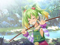 Rule 34 | 1girl, blonde hair, breasts, collarbone, day, detached sleeves, earrings, closed eyes, falcom, gradient hair, green hair, green overalls, grin, hair bobbles, hair ornament, holding rod, jewelry, long sleeves, multicolored hair, necklace, oto falcom, outdoors, overalls, ricotta (ys), sideboob, small breasts, smile, solo, striped sleeves, two-tone hair, upper body, ys, ys viii lacrimosa of dana