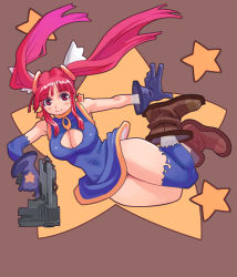 Rule 34 | 1girl, asymmetrical gloves, boots, breasts, cleavage, cleavage cutout, clothing cutout, curvy, full body, gloves, gun, highres, hip focus, large breasts, majima ryoji, original, red hair, ryoji (nomura ryouji), short twintails, solo, thighhighs, thighs, twintails, uneven gloves, upskirt, weapon, wide hips