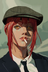 Rule 34 | 1girl, arondiolex, black necktie, business suit, chainsaw man, cigarette, close-up, collared shirt, formal, highres, long hair, looking at viewer, makima (chainsaw man), necktie, office lady, parody, peaky blinders, red hair, ringed eyes, shirt, sidelocks, solo, suit, white shirt, yellow eyes