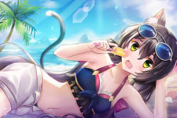 Rule 34 | 1girl, animal ear fluff, animal ears, bikini, black hair, blue sky, breasts, cat ears, cat girl, cat tail, cloud, cometalice, eyewear on head, fang, food, frilled bikini, frills, green eyes, hair between eyes, karyl (princess connect!), karyl (summer) (princess connect!), lens flare, long hair, looking at viewer, low twintails, lying, midriff, multicolored hair, navel, ocean, on side, open fly, open mouth, palm tree, popsicle, princess connect!, shell, short shorts, shorts, sky, small breasts, solo, sparkle, streaked hair, sunglasses, sunglasses on head, swimsuit, tail, tree, twintails, very long hair
