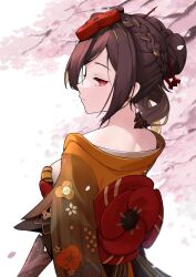 Rule 34 | 1girl, bare shoulders, braid, brown hair, cherry blossoms, chiori (genshin impact), from behind, genshin impact, hair ornament, highres, japanese clothes, jon eve, kimono, looking at viewer, looking back, multicolored hair, obi, red eyes, sash, short hair, upper body
