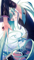 Rule 34 | 1girl, 200f (nifu), absurdres, alternate color, aqua eyes, aqua hair, armpits, bare shoulders, black nails, black shirt, black sleeves, black thighhighs, breasts, chestnut mouth, commentary, detached sleeves, english commentary, from behind, glaring, grey skirt, hair ornament, hatsune miku, highres, long hair, looking at viewer, looking back, miniskirt, nail polish, open mouth, pleated skirt, shirt, skirt, sleeveless, sleeveless shirt, small breasts, solo, thighhighs, tie clip, twintails, very long hair, vocaloid, w, zettai ryouiki