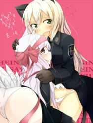 Rule 34 | 2girls, amai nekuta, animal ears, ass, blonde hair, blush, cat ears, character name, dated, fang, glasses, gloves, green eyes, hand on another&#039;s head, head wings, heidimarie w. schnaufer, heinrike prinzessin zu sayn-wittgenstein, holding head, military, military uniform, multiple girls, no pants, noble witches, open mouth, panties, pink background, red eyes, ribbon, strike witches, sweatdrop, underwear, uniform, white hair, white legwear, wings, world witches series