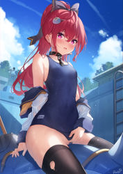 Rule 34 | 1girl, absurdres, artist name, bare shoulders, black bow, black thighhighs, blue one-piece swimsuit, blue sky, blush, bow, breasts, bucket, chain, clothing aside, cloud, collar, collarbone, commentary request, competition school swimsuit, dango remi, day, empty pool, hair bow, hair ornament, hairclip, highres, hose, jacket, long hair, long sleeves, looking at viewer, off shoulder, one-piece swimsuit, open clothes, open jacket, open mouth, original, outdoors, partially visible vulva, ponytail, pool, pool ladder, purple eyes, red hair, school swimsuit, signature, sky, small breasts, solo, straddling, swimsuit, swimsuit aside, thighhighs, torn clothes, torn thighhighs, wet, white jacket