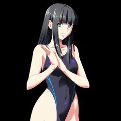 Rule 34 | 1girl, bare shoulders, black background, black hair, collarbone, competition swimsuit, female focus, fingernails, game cg, green eyes, highleg, highleg swimsuit, hime cut, hip focus, kikutei nanno, long hair, looking at viewer, multicolored eyes, noriheita, one-piece swimsuit, own hands together, simple background, solo, standing, swimsuit, tokunou shirumamire!, upper body