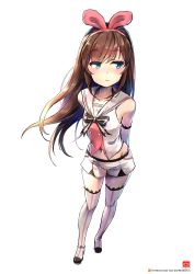 Rule 34 | 1girl, arm warmers, arms behind back, black ribbon, blue eyes, bow, brown hair, closed mouth, collarbone, full body, gao (gaolukchup), hair bow, hairband, highres, kizuna ai, kizuna ai inc., lace, lace-trimmed legwear, lace-trimmed sleeves, lace trim, long hair, looking to the side, navel, patreon, patreon username, pink bow, ribbon, sailor collar, short shorts, shorts, simple background, solo, standing, striped ribbon, swept bangs, thighhighs, vest, virtual youtuber, watermark, web address, white background, white shorts, white thighhighs, white vest