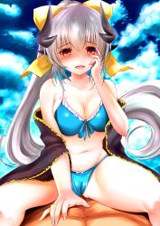 Rule 34 | 1girl, :d, absurdres, bare shoulders, bikini, blue bikini, blush, bow, breasts, cleavage, cloud, collarbone, dragon girl, dragon horns, fate/grand order, fate (series), hand on own face, highres, horns, izumikuu, kiyohime (fate), kiyohime (fate/grand order), kiyohime (swimsuit lancer) (fate), kiyohime (swimsuit lancer) (third ascension) (fate), large breasts, long hair, looking at viewer, medium breasts, midriff, multiple horns, navel, open mouth, orange eyes, ponytail, silver hair, smile, solo focus, straddling, swimsuit, very long hair, yellow bow