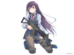 Rule 34 | 1girl, assault rifle, black pantyhose, eotech, full body, fuyuno haruaki, gun, hair ornament, hairclip, holding, holding gun, holding weapon, knee pads, kneeling, loafers, long hair, necktie, panties, panties under pantyhose, pantyhose, pantyshot, plaid, plaid skirt, pleated skirt, purple hair, red eyes, rifle, school uniform, sg553, shoes, sig sauer, sig sg552, simple background, skirt, solo, trigger discipline, underwear, upskirt, vest, wallpaper, weapon, white background