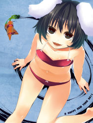 Rule 34 | 10s, 1girl, 2011, animal ears, bikini, black hair, rabbit ears, carrot, chig (mizusaki), female focus, flat chest, foreshortening, from above, happy new year, highres, inaba tewi, looking at viewer, navel, new year, open mouth, short hair, sitting, solo, swimsuit, touhou